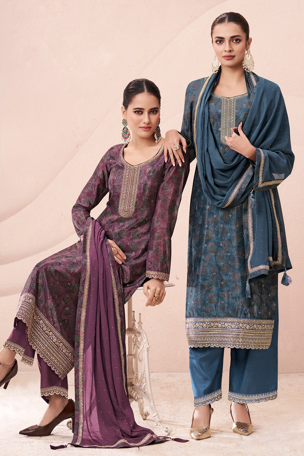 Dark Mauve Color Chinon Silk Printed and Embroidered Unstitched Suit Material