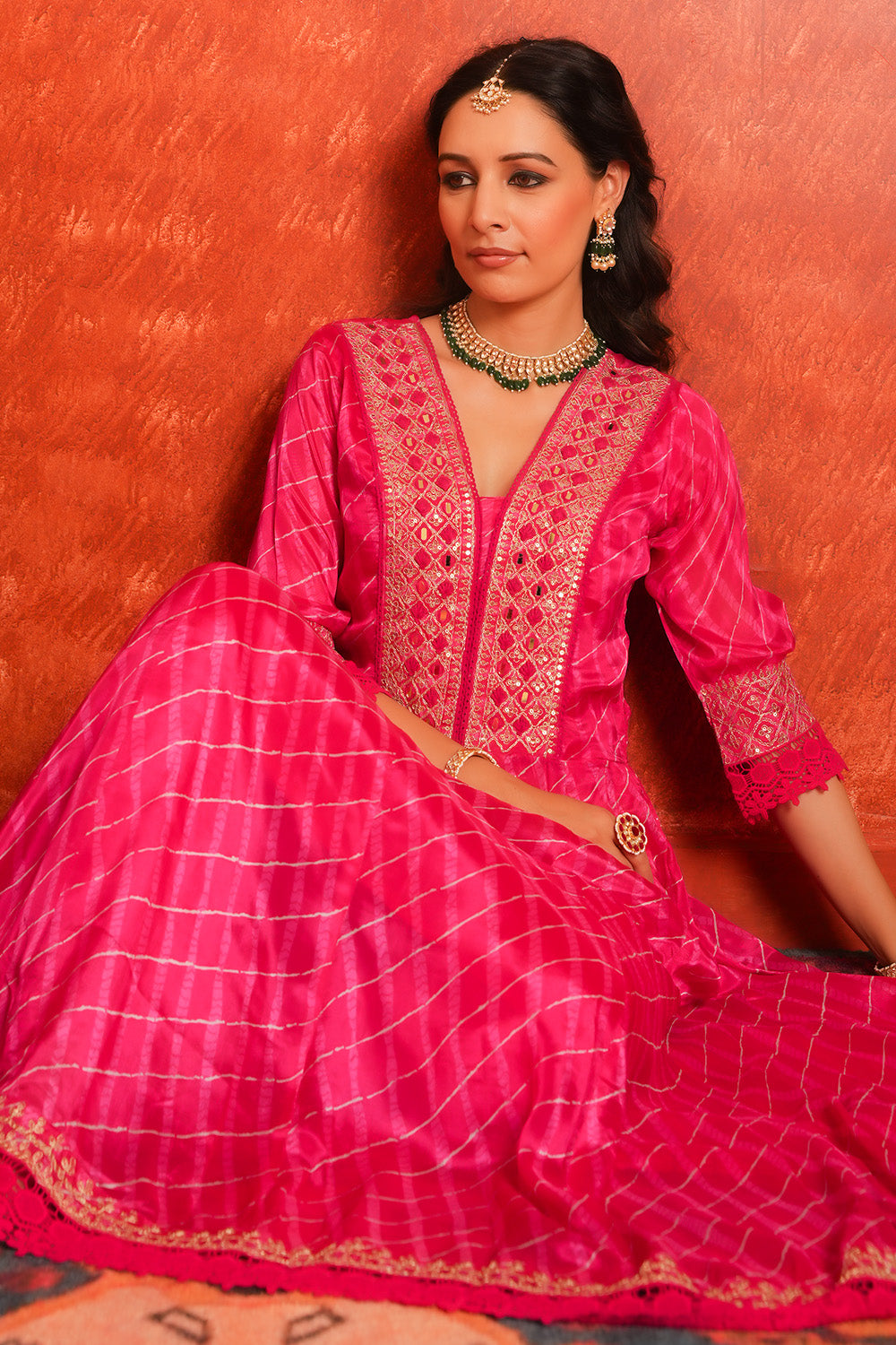 Red Color Printed & Embroidered Silk Anarkali Suit