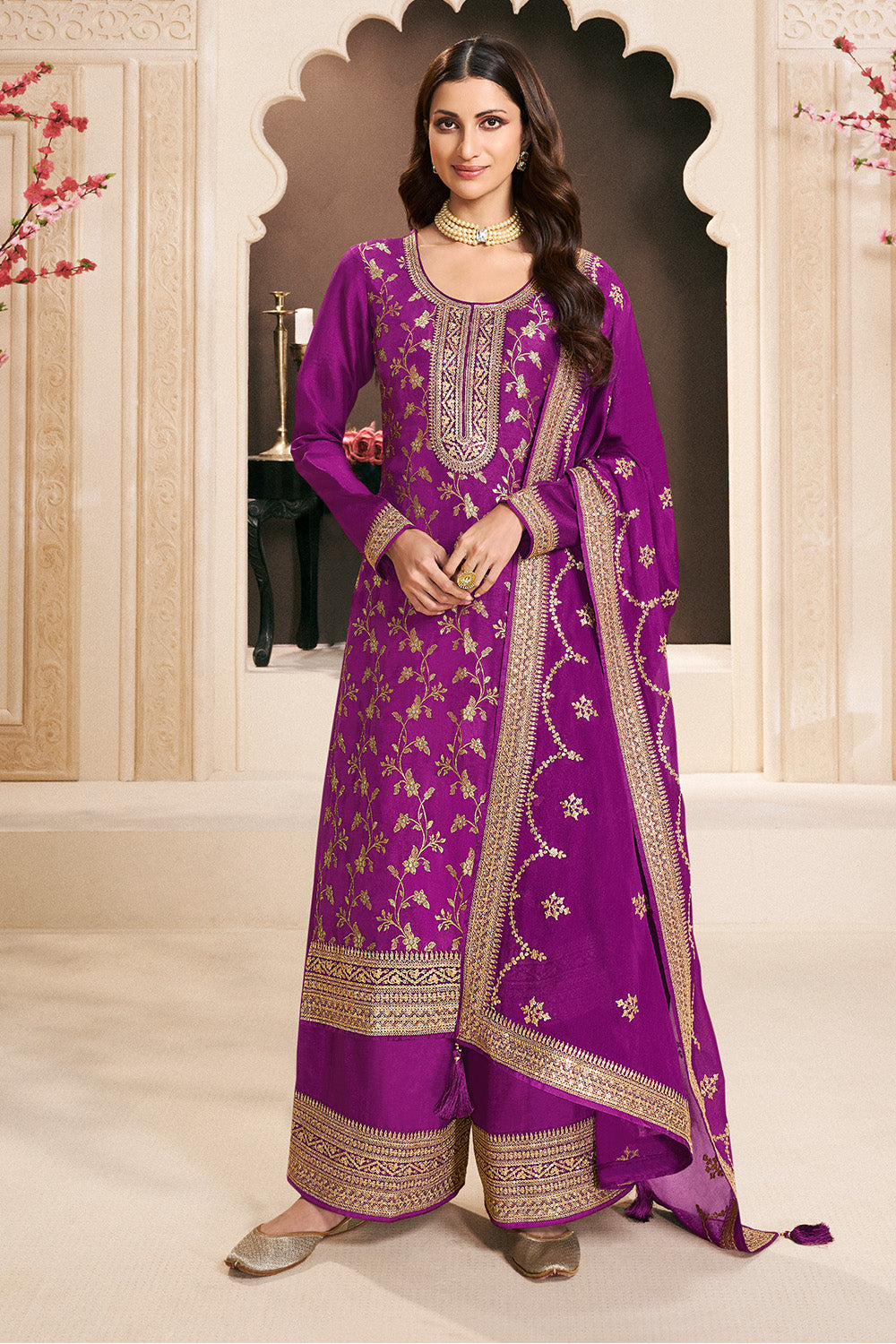 Purple Color Silk Woven and Embroidered Unstitched Suit Fabric