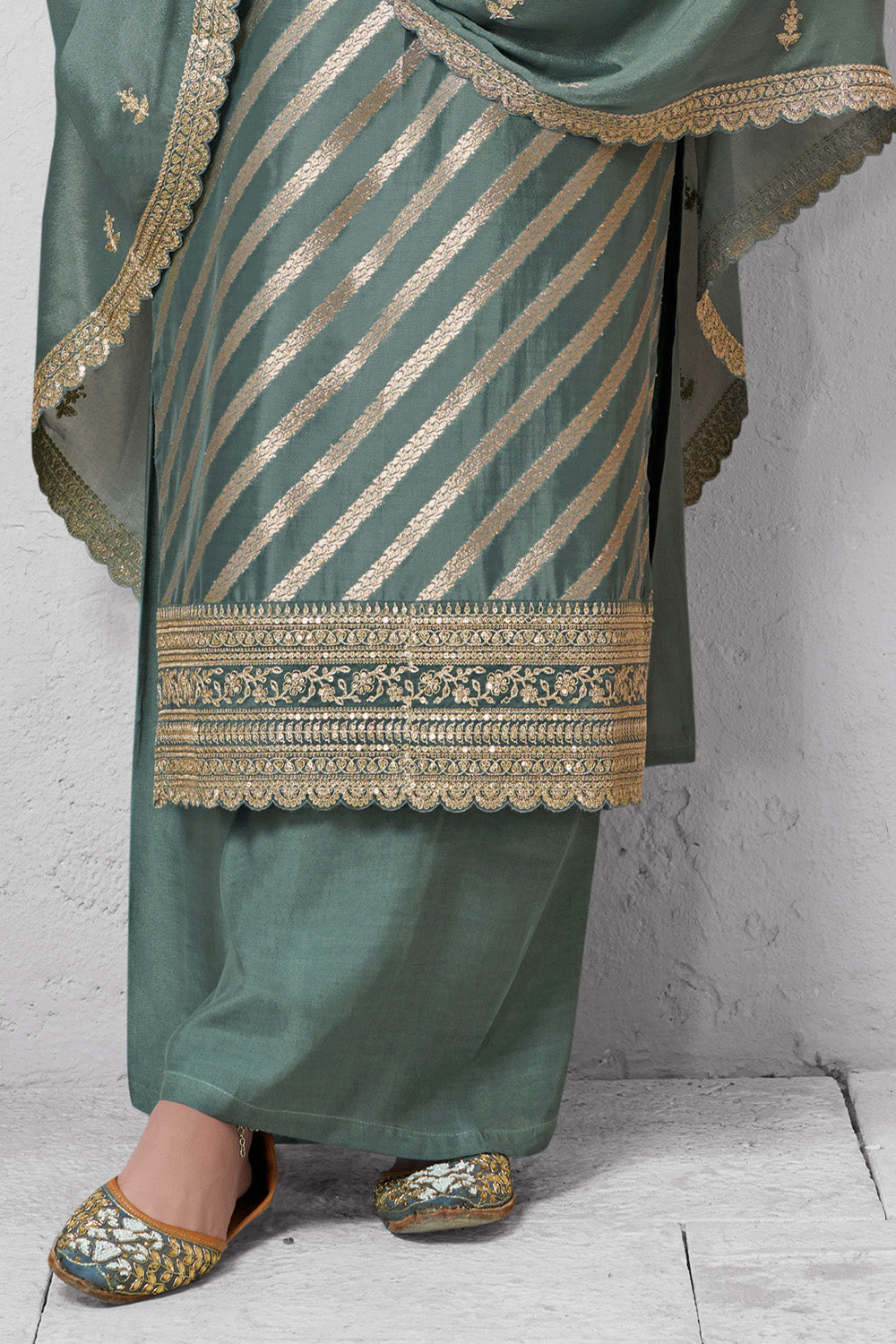 Sea Green Organza Zari Woven And Embroidered Unstitched Suit Material