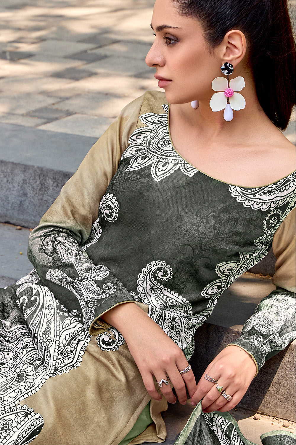 Beige and Black Color Spun Printed Unstitched Suit