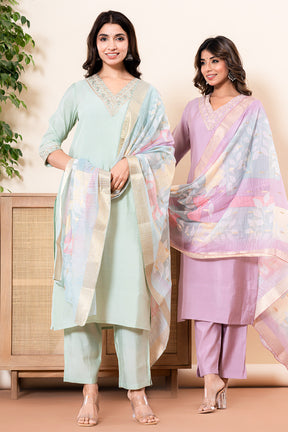 Mauve Color Muslin Neck Embroidered Straight Suit