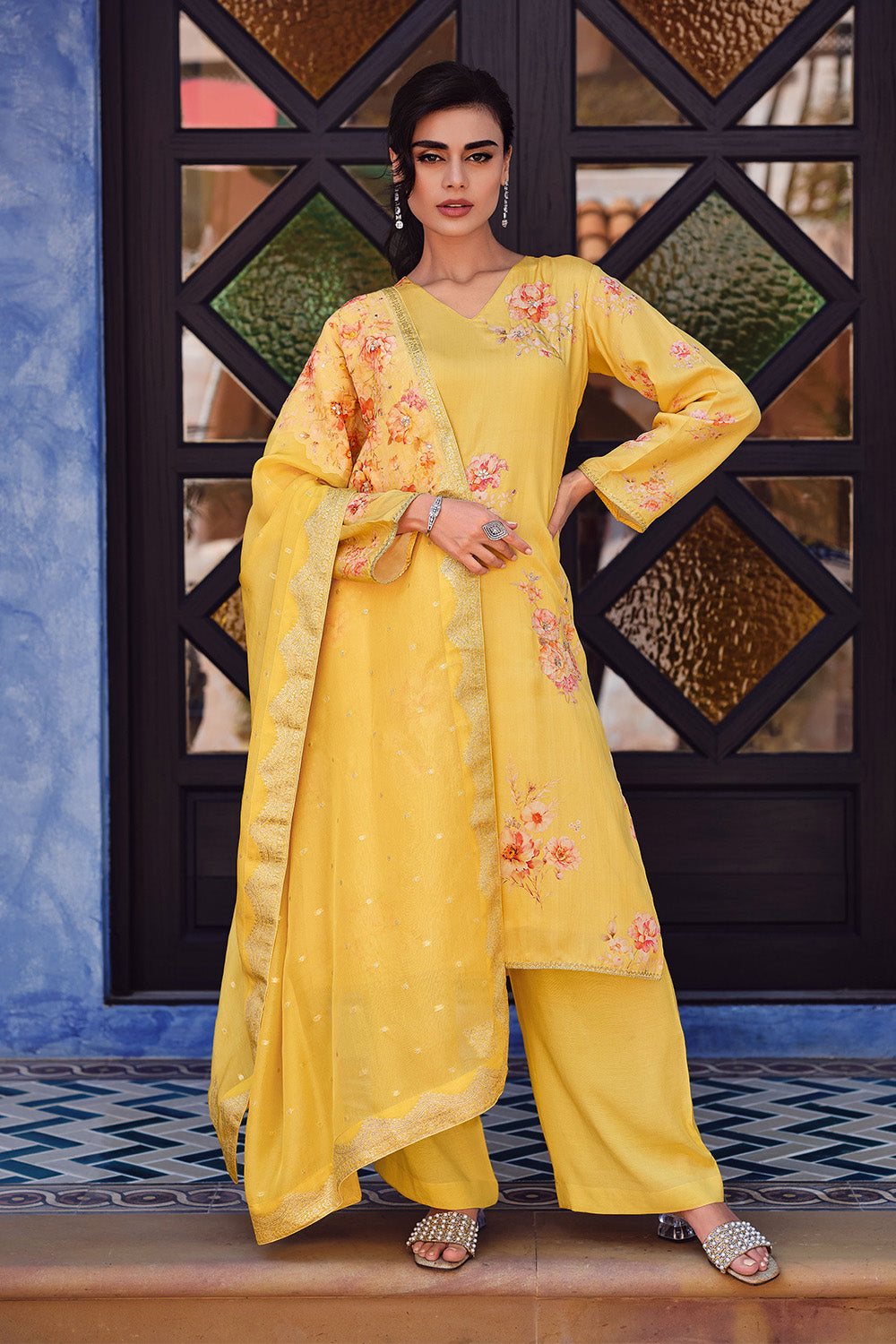 Mustard Color Crepe Silk Printed Unstitched Suit Fabric