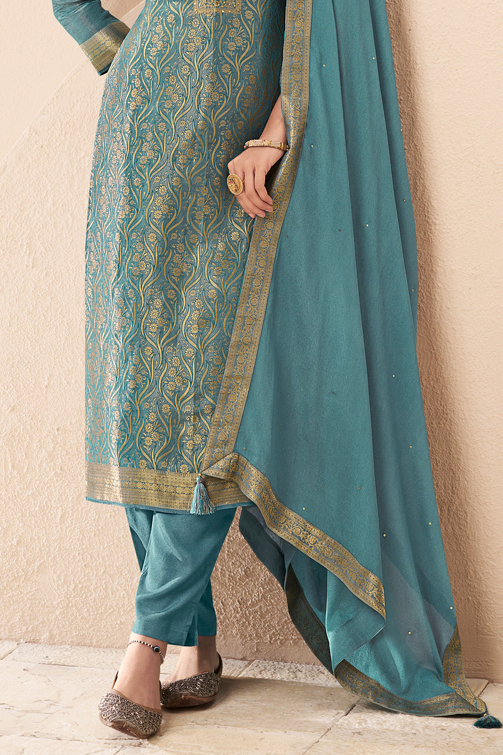 Smalt Blue Color Tissue Silk Zari Woven Unstitched Suit Fabric