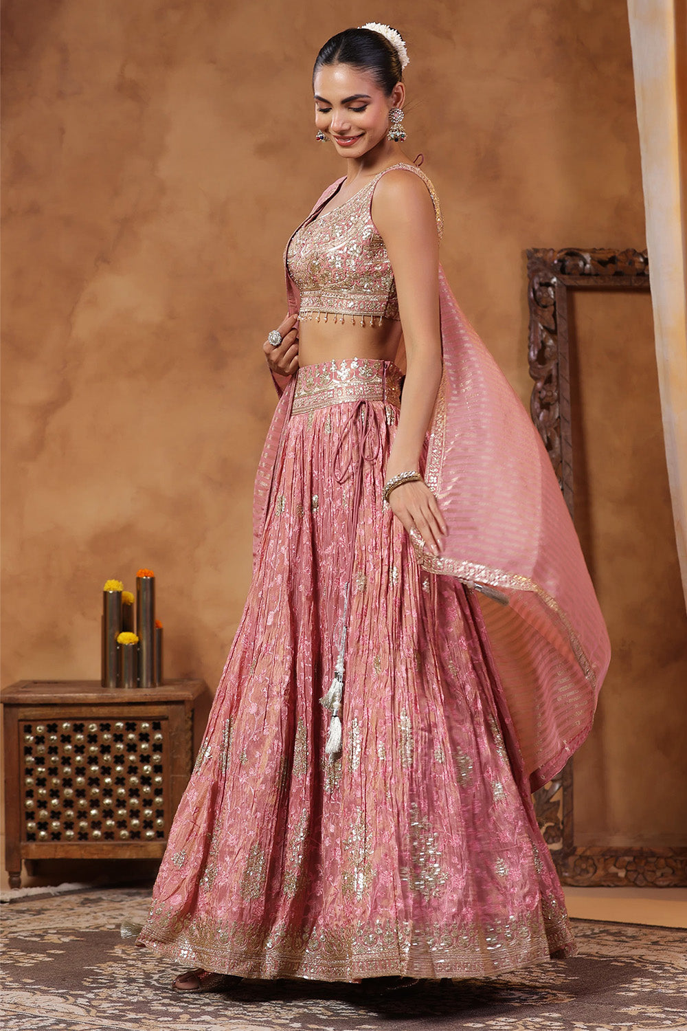 Pink Color Tissue Silk Embroidered Lehenga