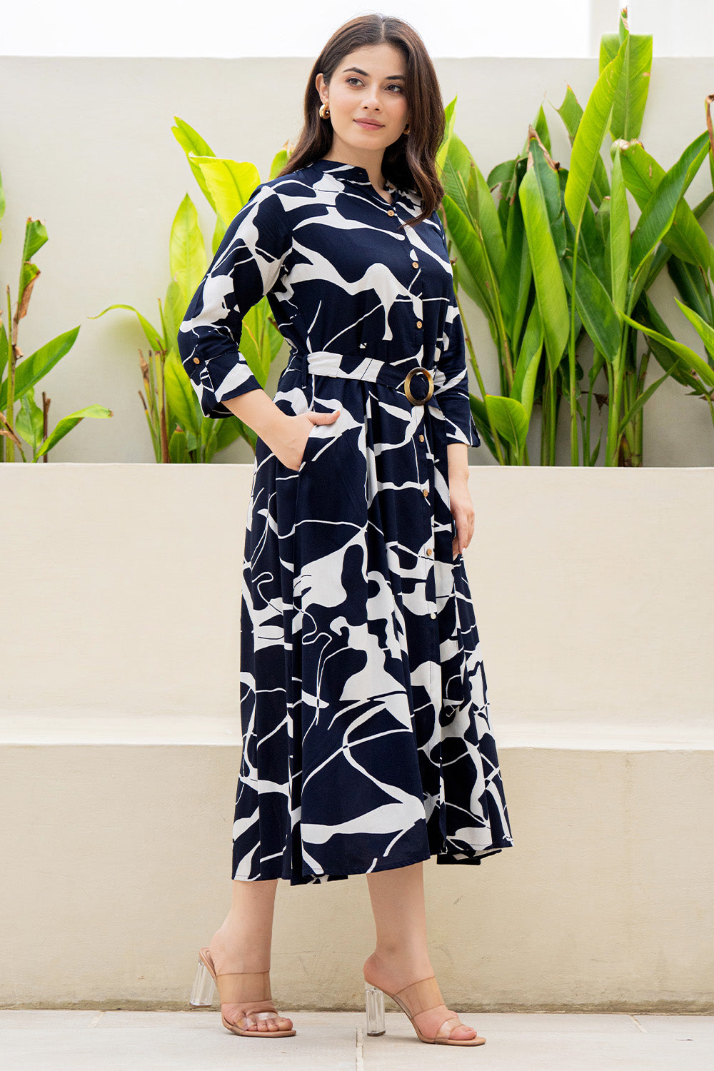 Navy Blue Color Rayon Printed Peonies Dress