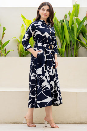 Navy Blue Color Rayon Printed Peonies Dress