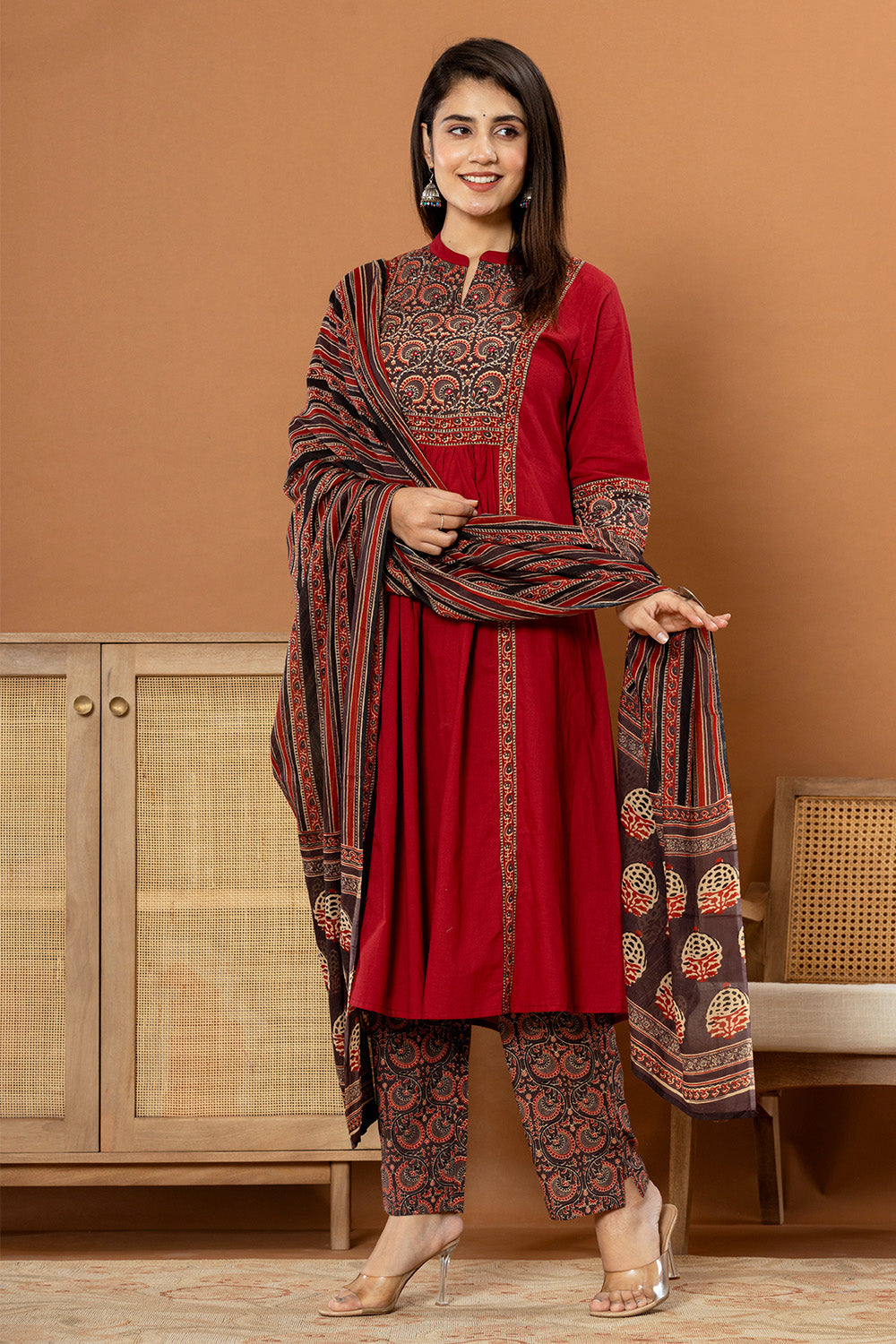 Maroon Color Printed Cotton Anarkali Suit