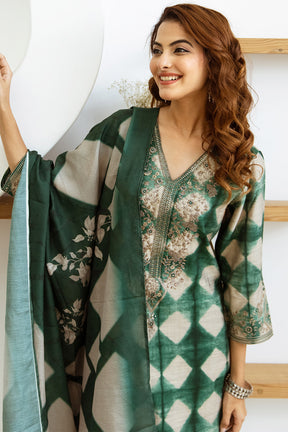 Green & Beige Color Muslin Checks Printed Suit