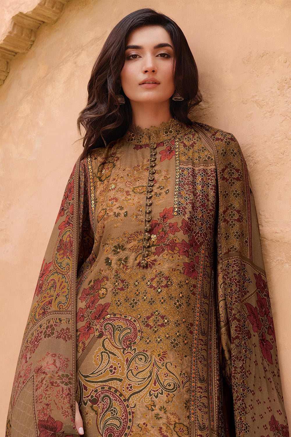 Cocoa Color Floral Printed Spun Unstitched Suit Material