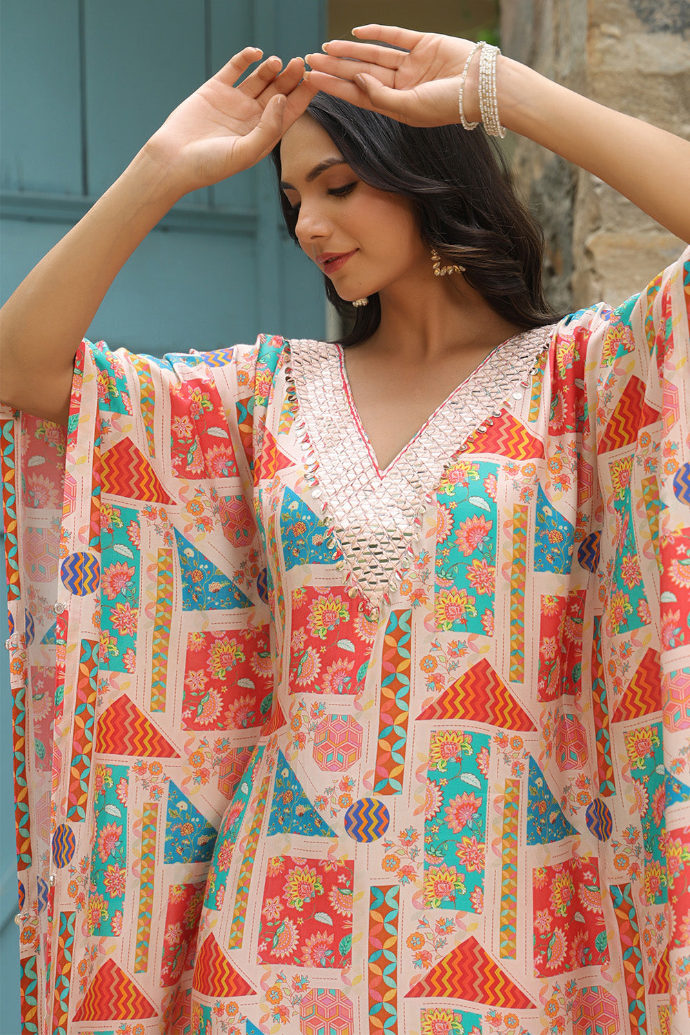 Beige Color Muslin Printed Kaftan Set