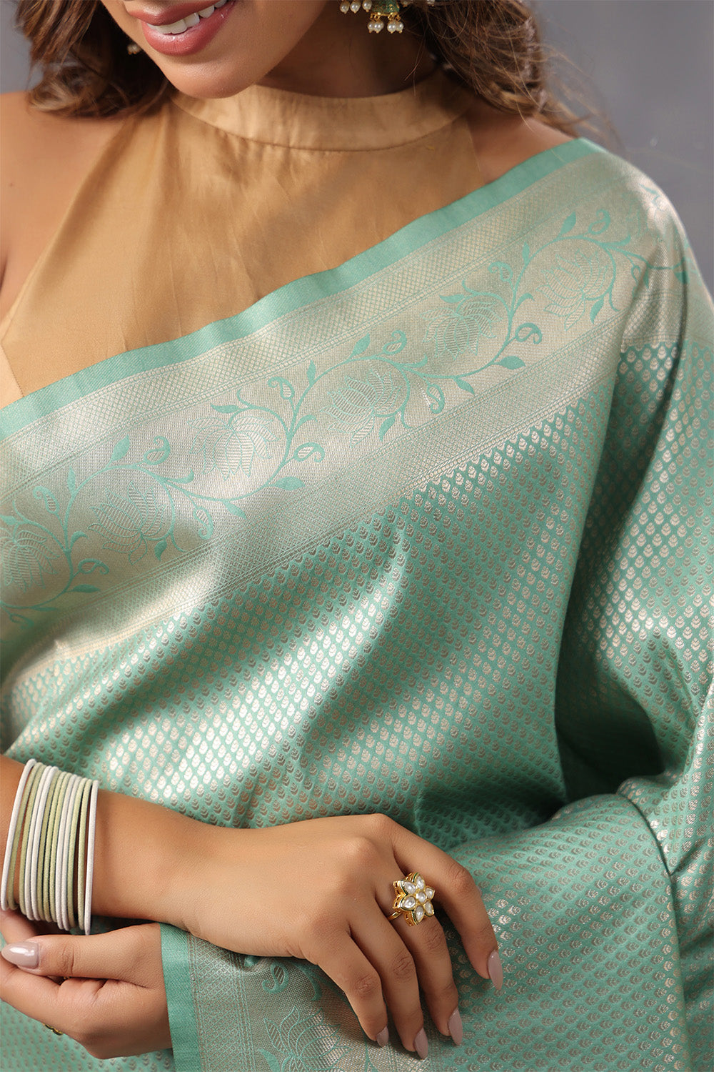 Sea Green Color Silk Woven Saree