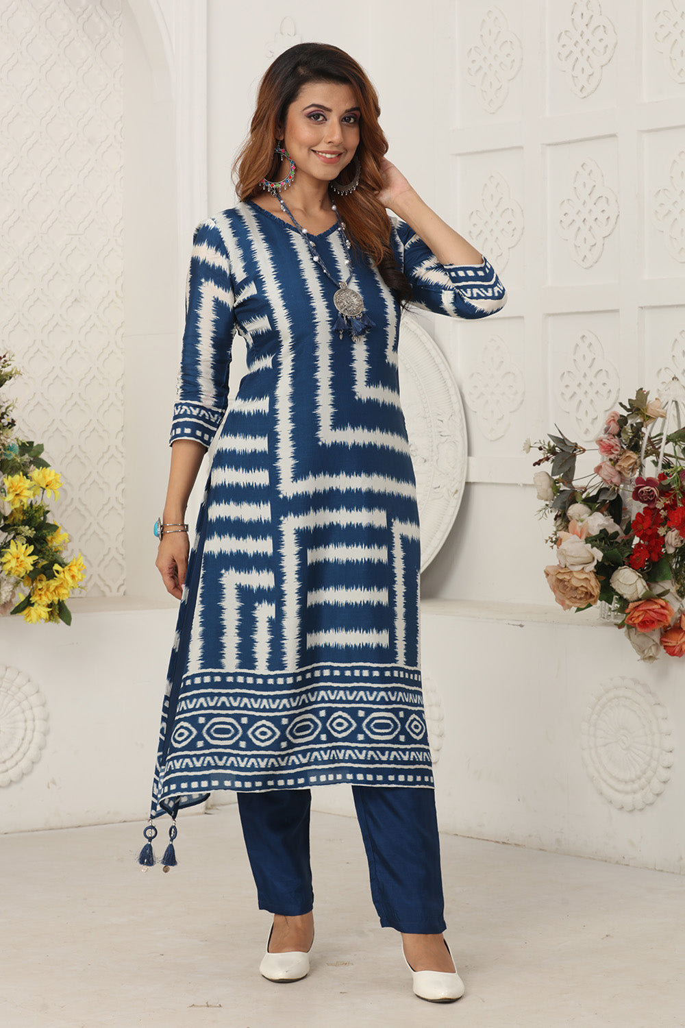 Dark Blue Color Chanderi Soft Cotton Printed Long Kurta Set