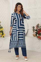 Dark Blue Color Chanderi Soft Cotton Printed Long Kurta Set