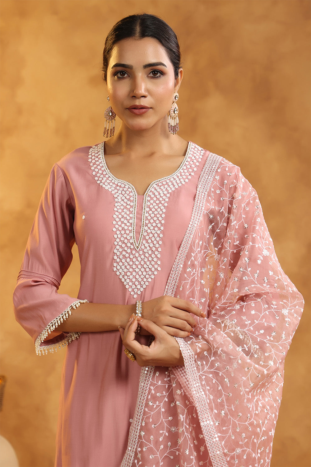 Dusty Pink Color Cotton Neck Embroidered Unstitched Suit Fabric