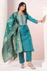 Teal Color Neck Embroidered Cotton Straight Suit with Banarsi Dupatta