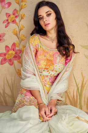 Cream Color Crepe Silk Printed & Embroidered Suit With Sharara