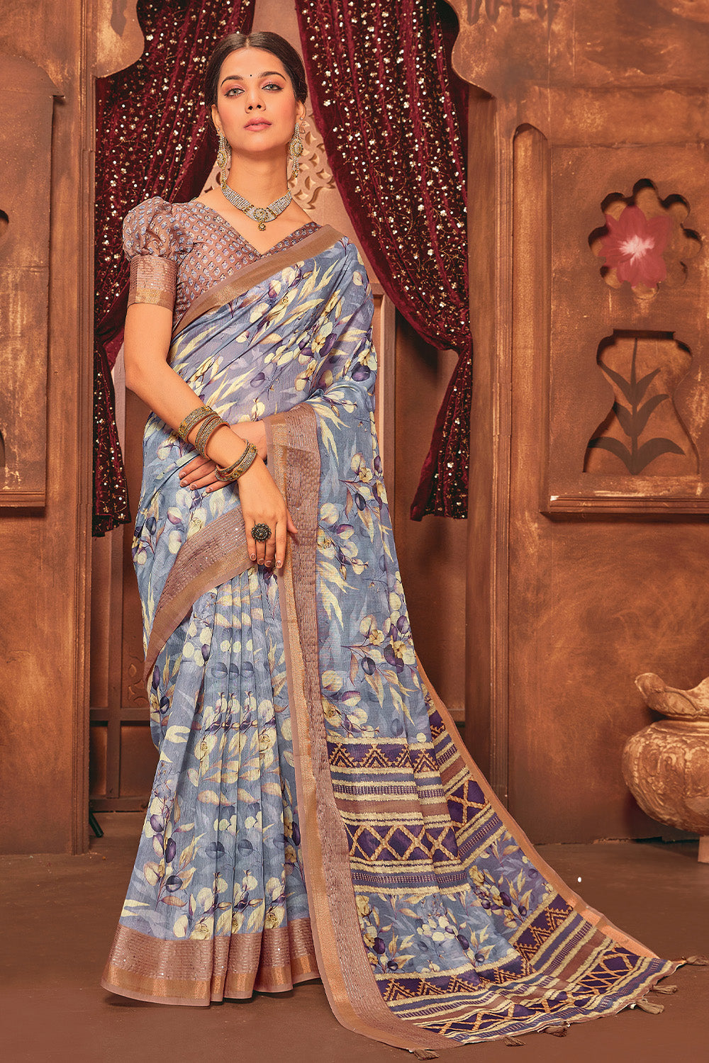 Steel Blue Color Digital Printed Cotton Saree