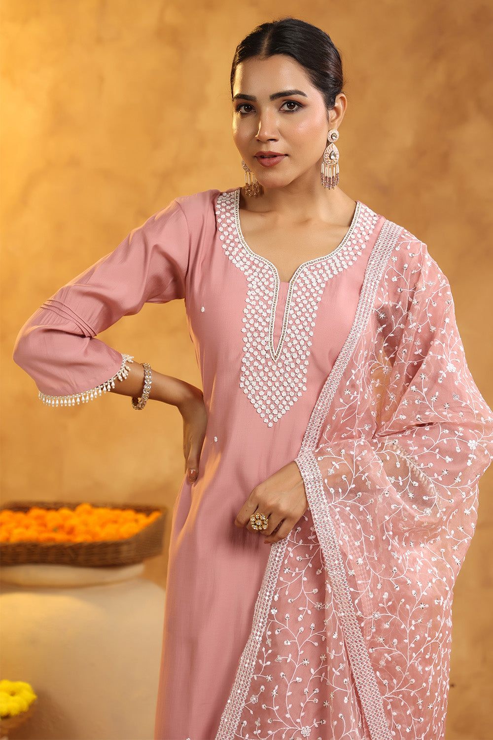 Dusty Pink Color Cotton Neck Embroidered Unstitched Suit Fabric