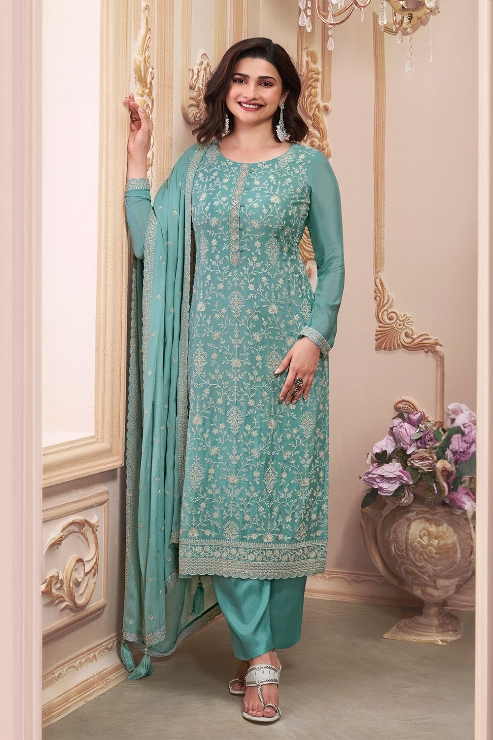 Teal Colour Heavy Embroidered Georgette Unstitched Suit Material