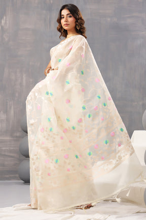 Cream Color Organza Woven Saree