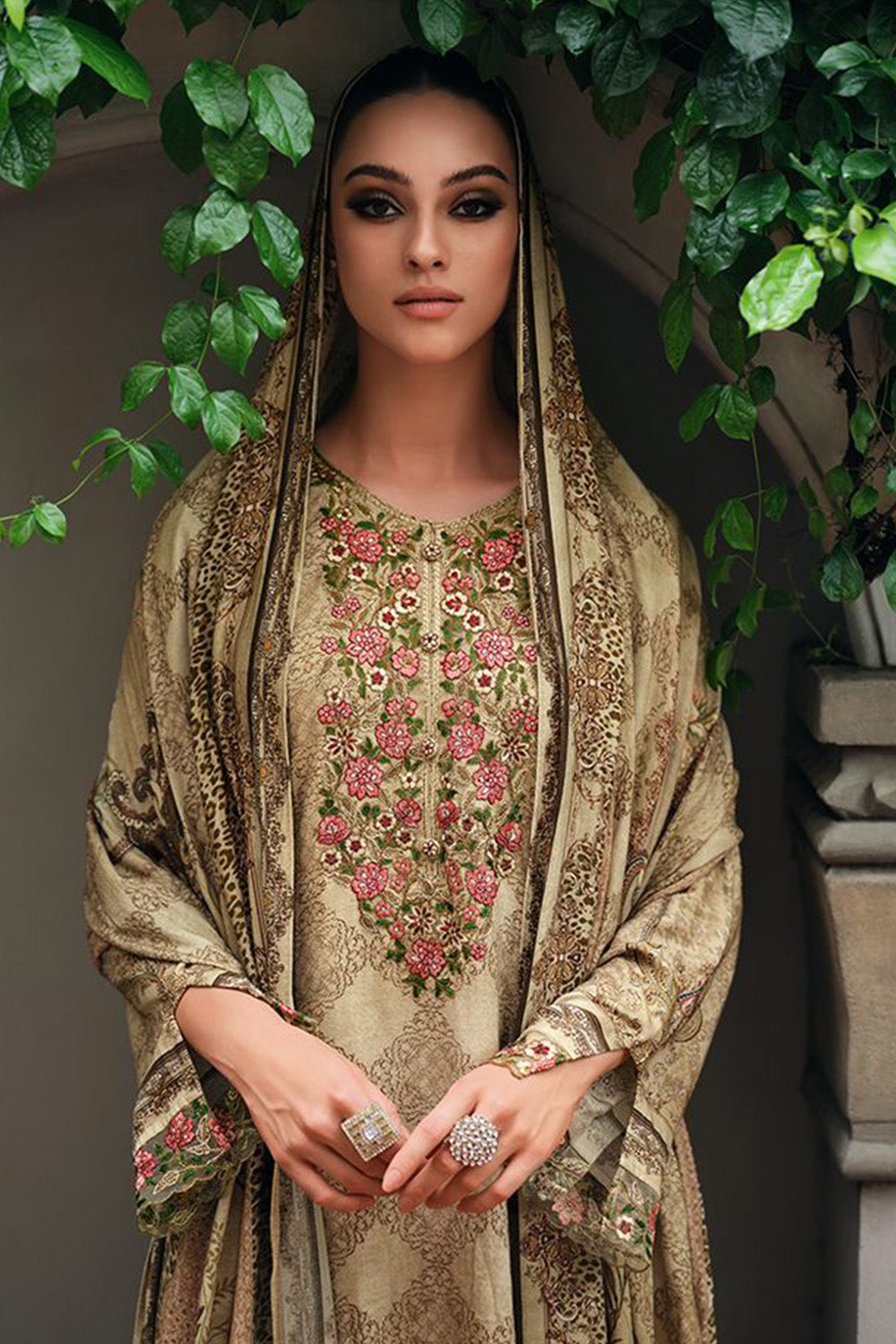 Beige Color Viscose Cotton Printed & Embroidered Unstitched Suit Material