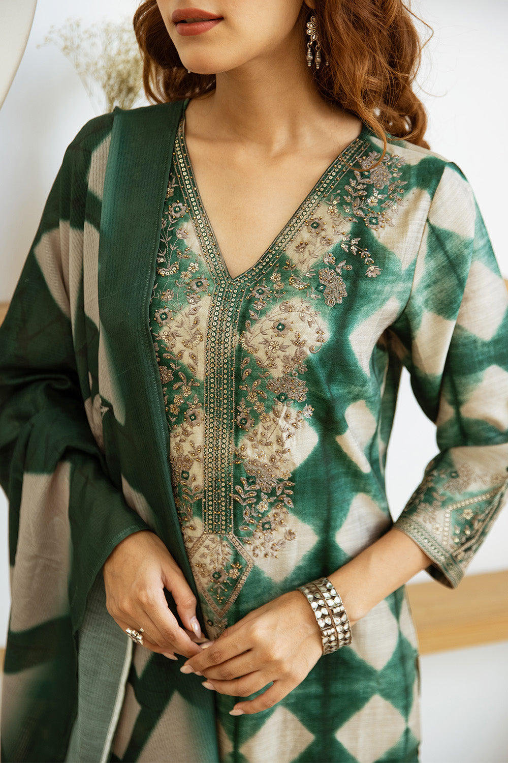 Green & Beige Color Muslin Checks Printed Suit