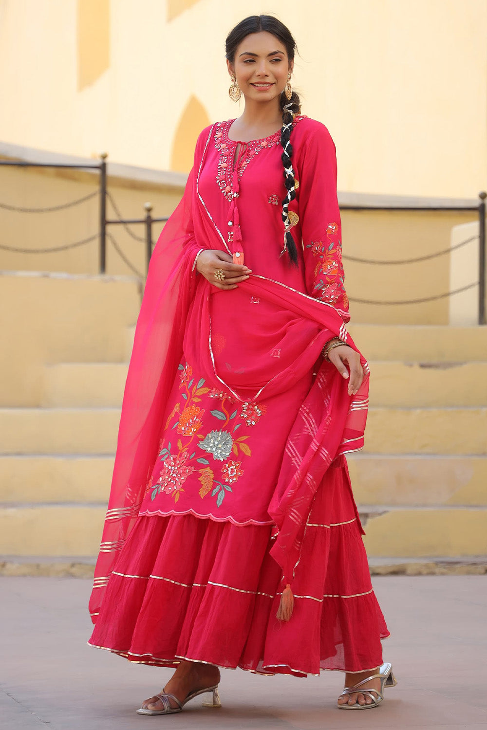 Hot Pink Color Muslin Embroidered & Floral Printed Kurta Set With Stitched Skirt