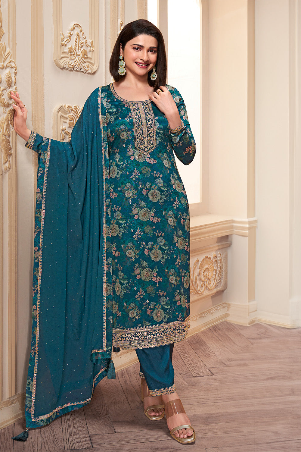 Blue Color Chinon Printed Unstitched Suit Material