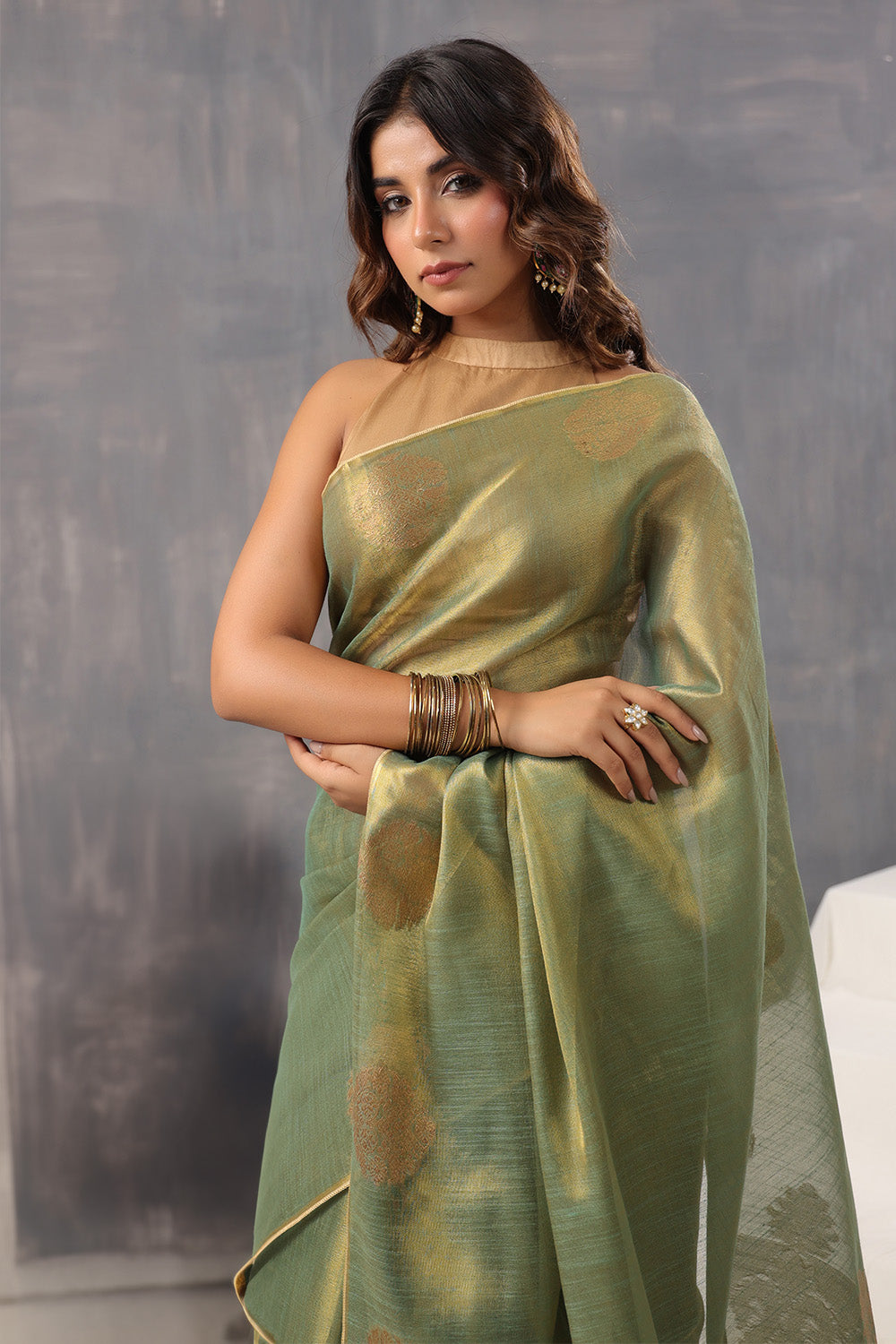 Green Color Organza Cotton Golden Zari Woven Saree