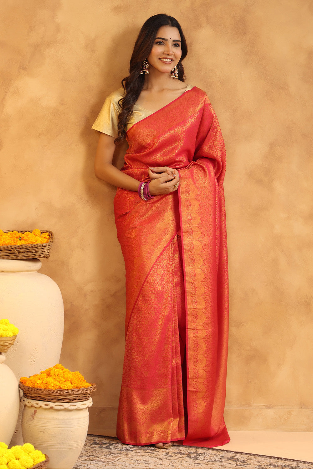 Deep Carmine Pink Color Silk Zari Woven Saree