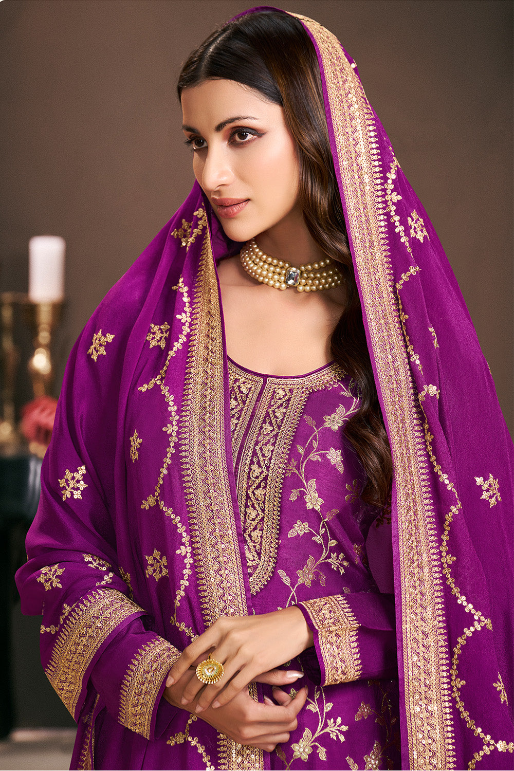 Purple Color Silk Woven and Embroidered Unstitched Suit Fabric