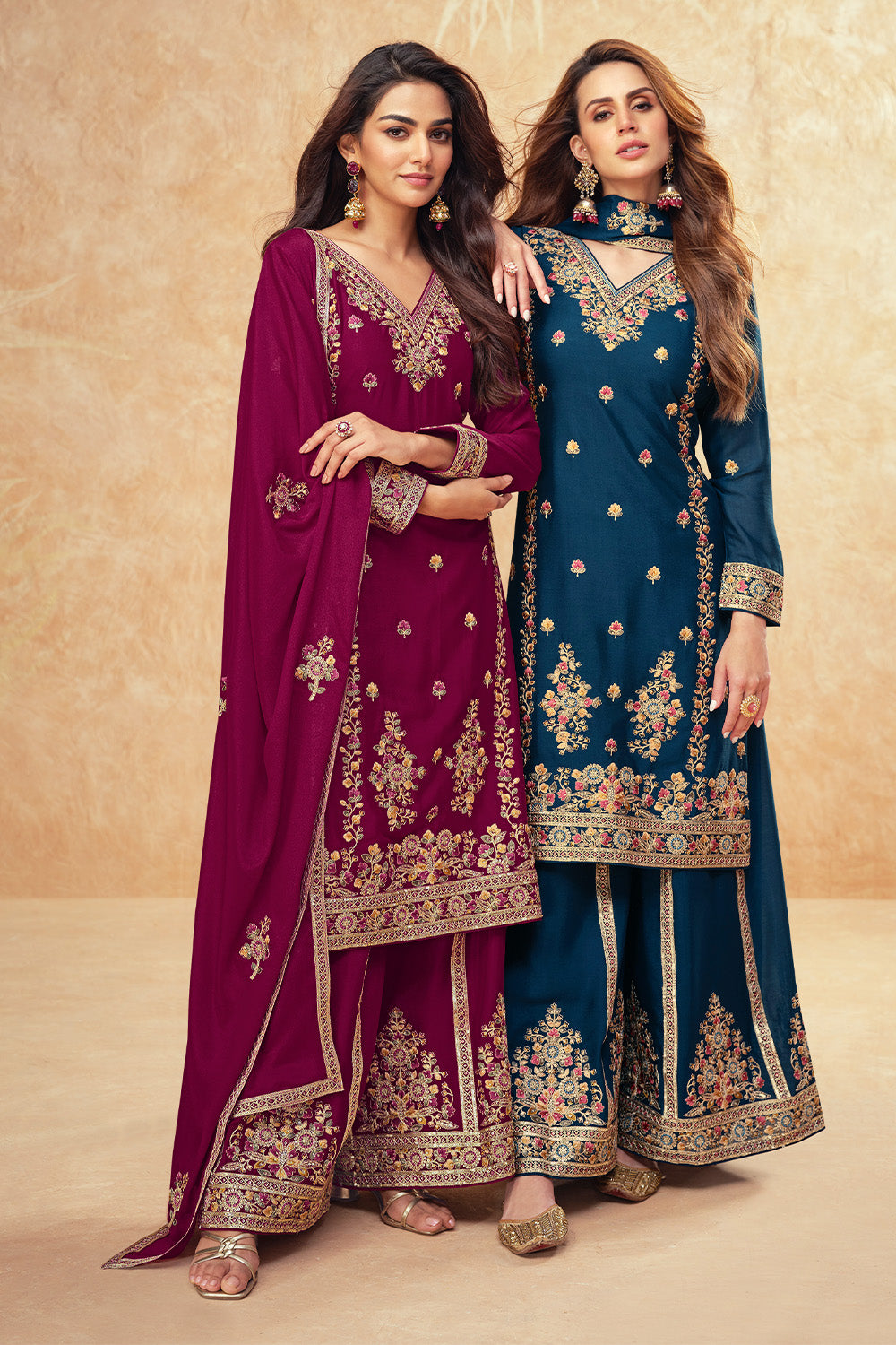 Navy Color Crepe Silk Embroidered Suit With Embroidered Palazzo