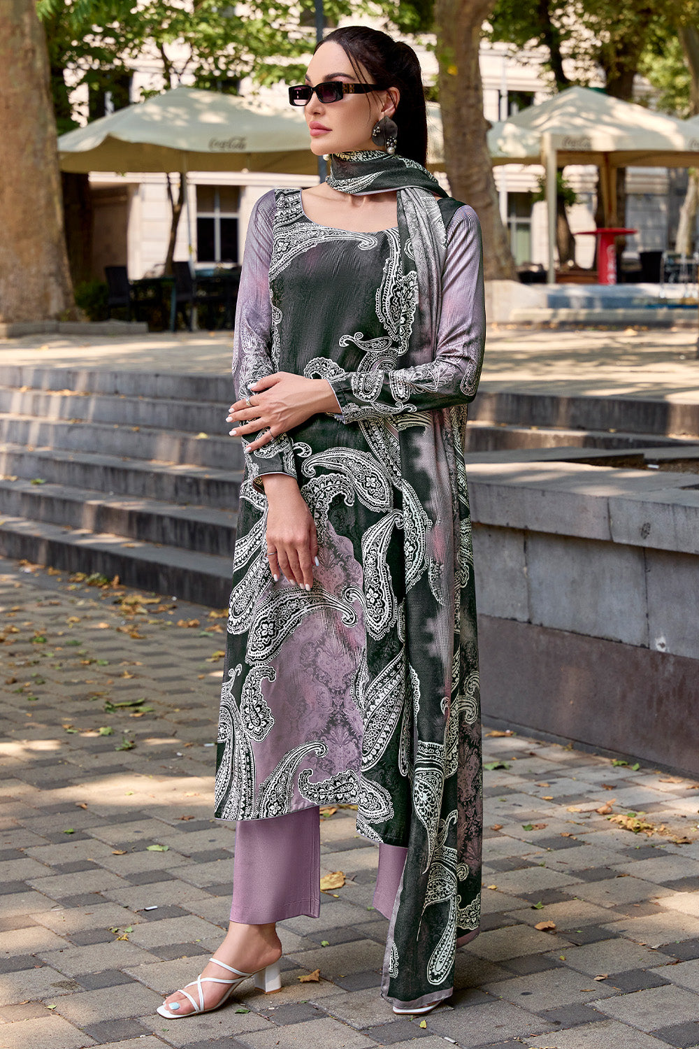 Mauve and Black Color Spun Printed Unstitched Suit