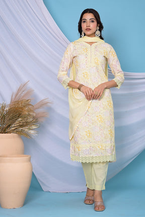 Lemon Yellow Color Cotton Hakoba Style Printed Straight Suit