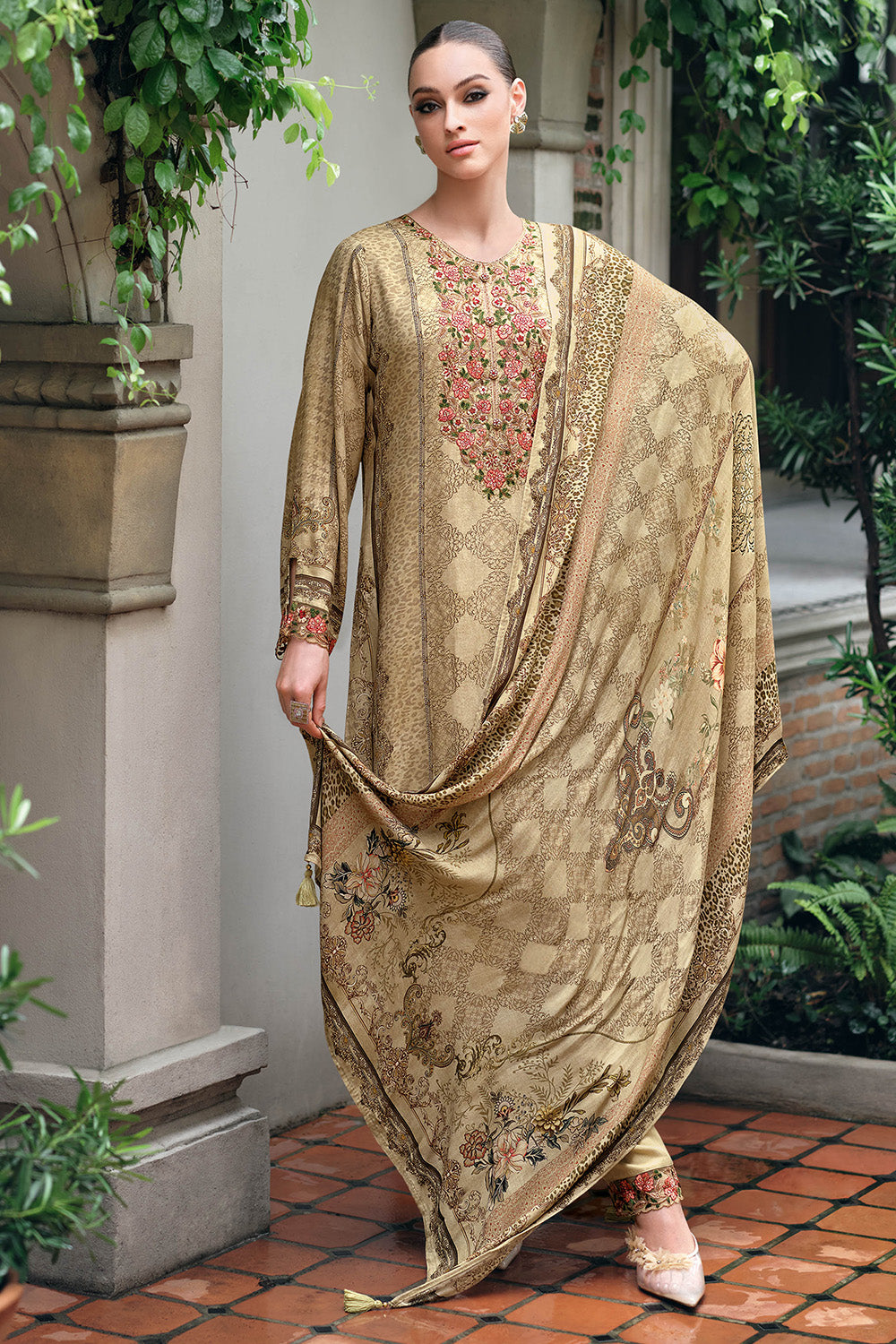 Beige Colour Spun Embroidered and Printed Unstitched Suit Material