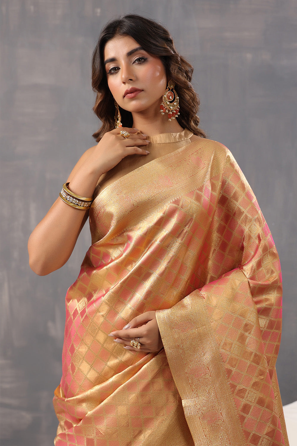 Golden & Coral Color Silk Woven Saree