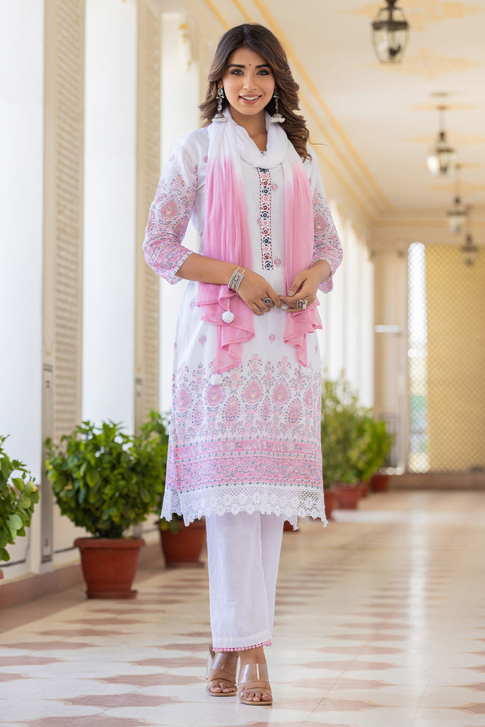 White & Pink Color Printed Cotton Suit