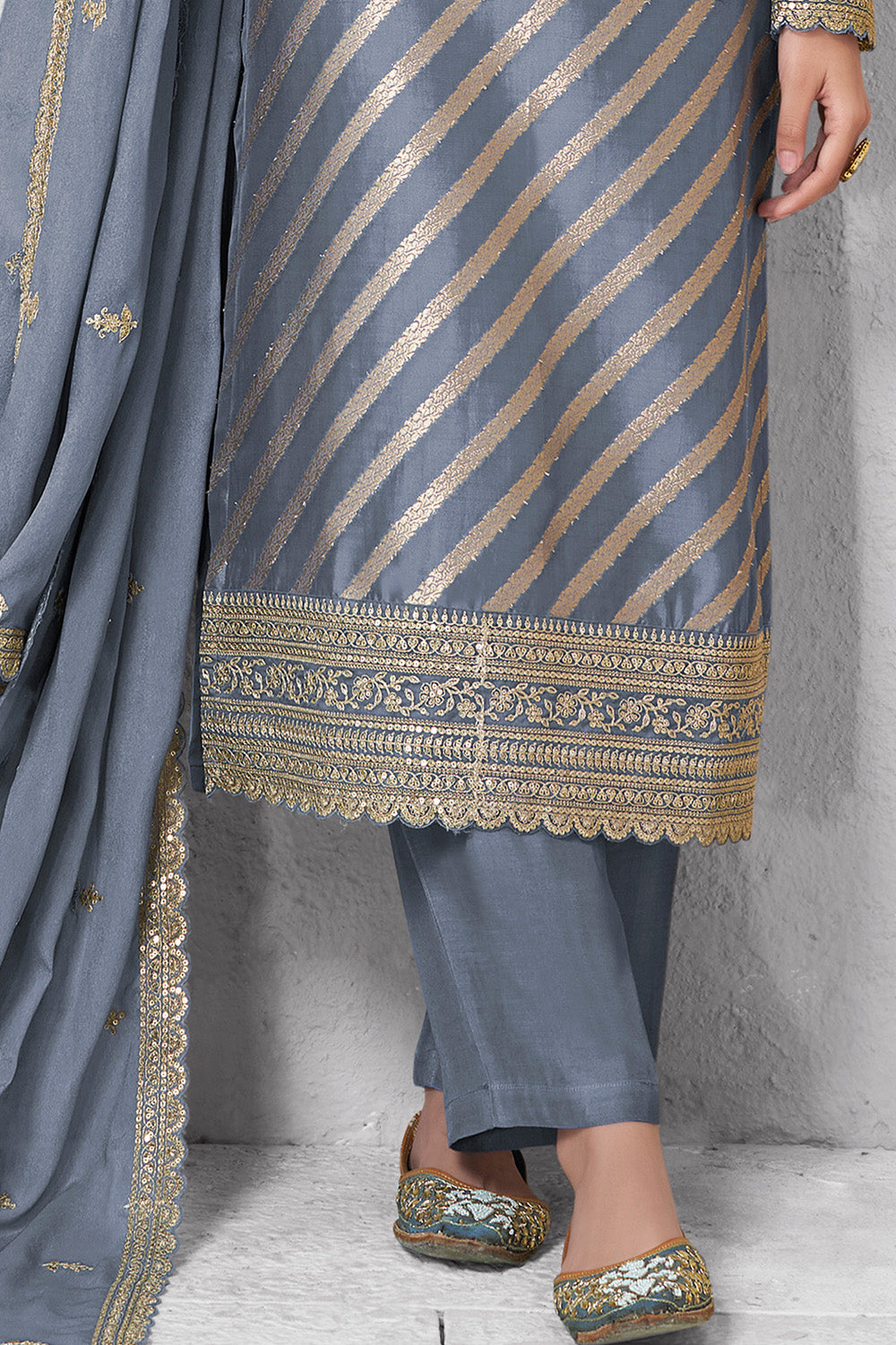 Grey Color Organza Zari Woven And Embroidered Unstitched Suit Material