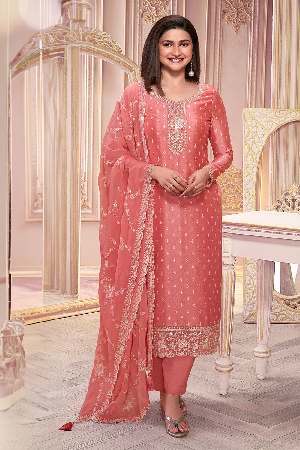 Peach Color Embroidered Silk Unstitched Suit Material