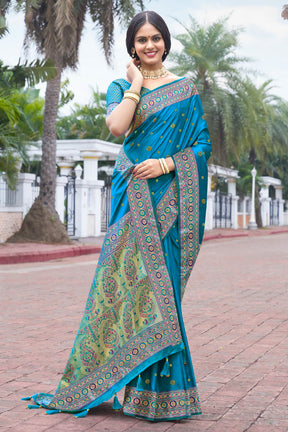 Turquoise Color Pathani Work Silk Saree