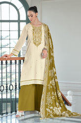 Green & Cream Color Embroidered Unstitched Suit Material