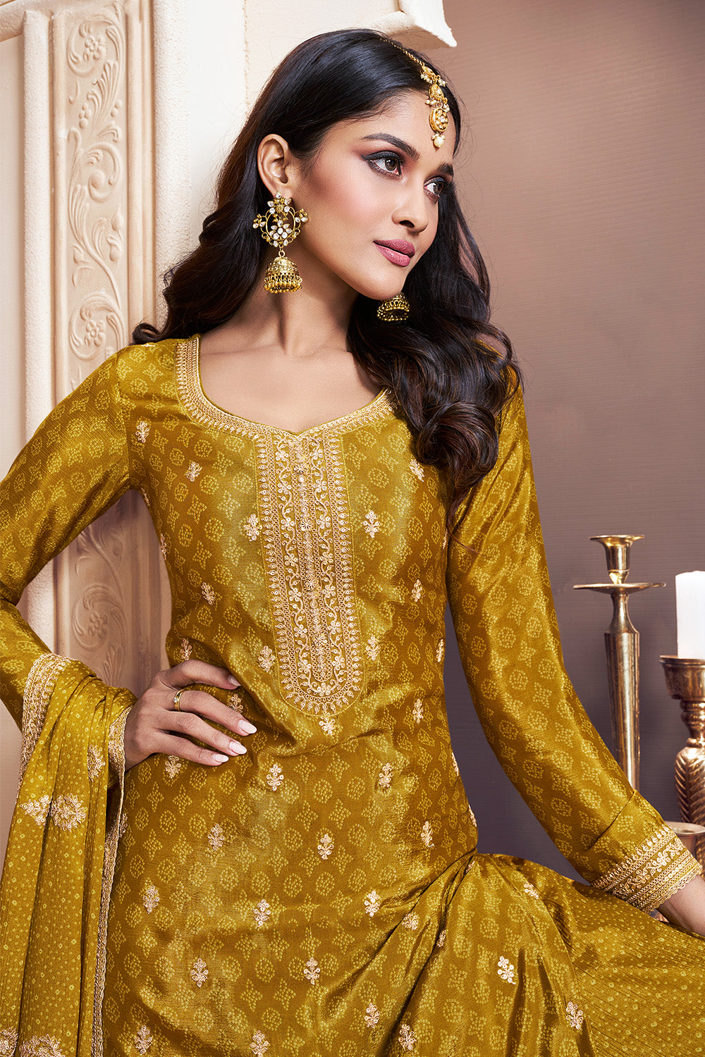 Mustard Color Bandhani Printed & Embroidered Crepe Silk Unstitched Suit Material With Readymade Palazzo