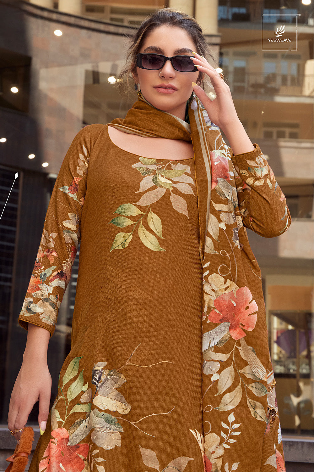 Brown Rust Color Spun Floral Printed Unstitched Suit