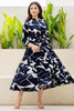 Navy Blue Color Rayon Printed Peonies Dress