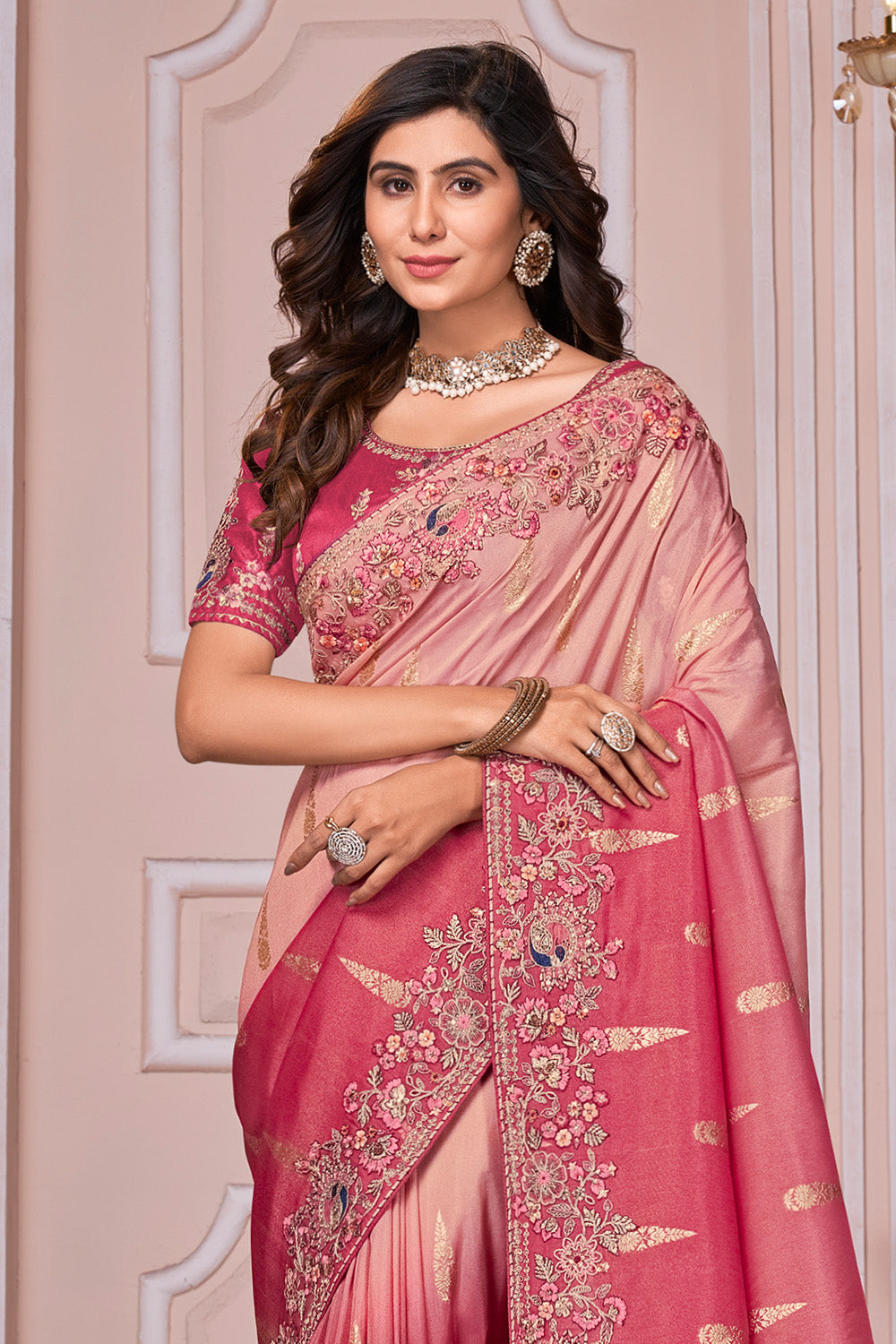 Dusty Pink & Coral Ombre Silk Tissue Fabric Woven & Embroidered Saree