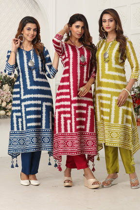 Dark Blue Color Chanderi Soft Cotton Printed Long Kurta Set