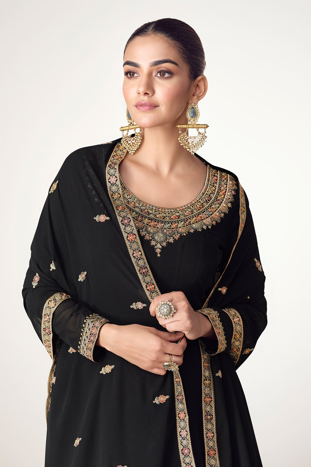 Black Color Georgette Embroidered Anarkali Kurti With Dupatta