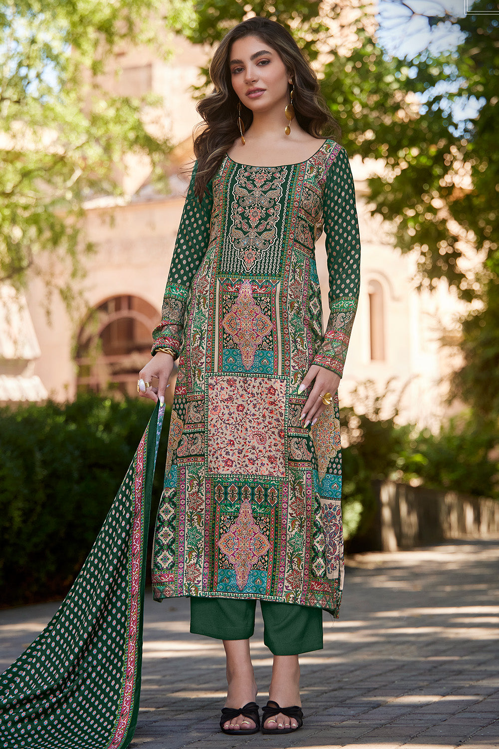 Timber Green Spun Printed Unstitched Suit Fabric