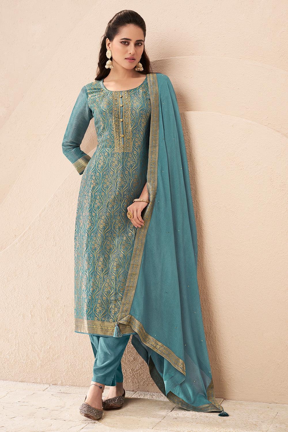 Smalt Blue Color Tissue Silk Zari Woven Unstitched Suit Fabric